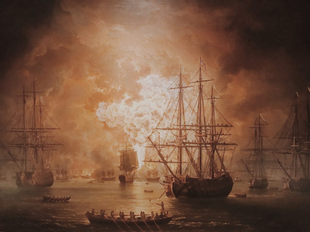 Painting of battles with burning ships