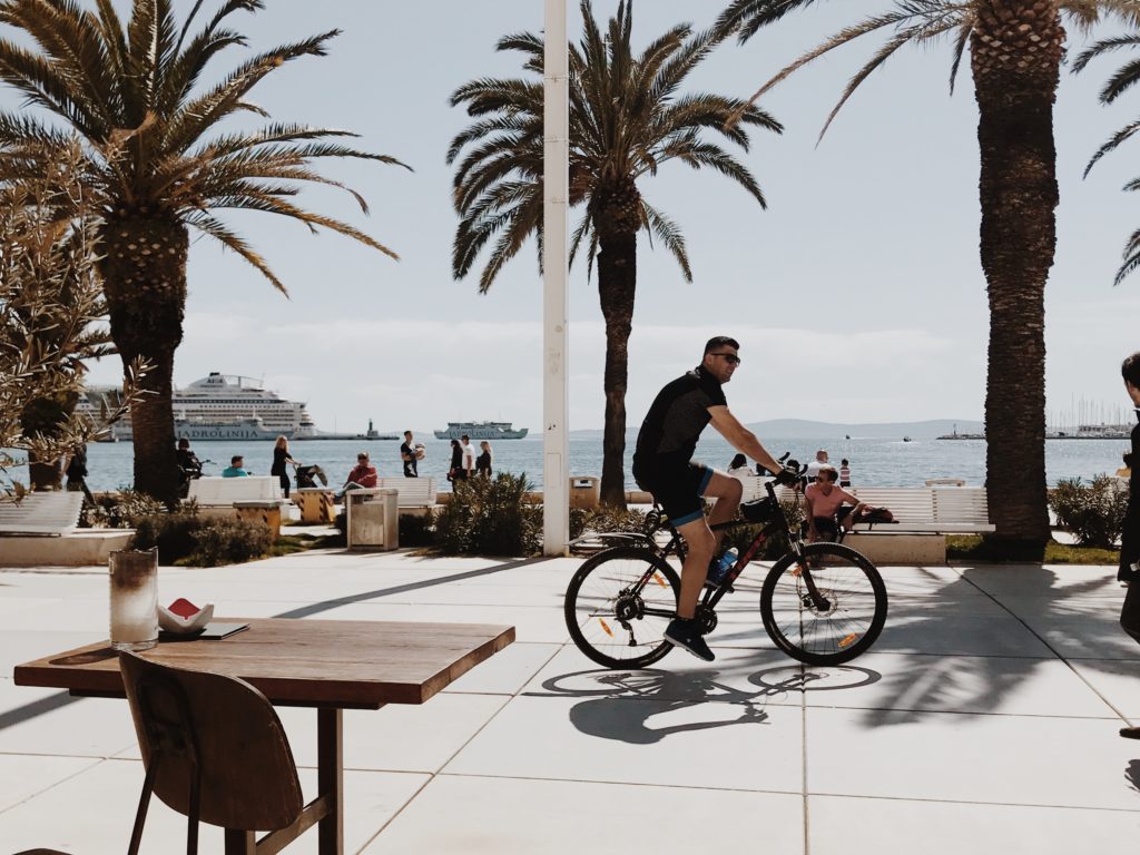 Bicycle with palm trees on nice promenade