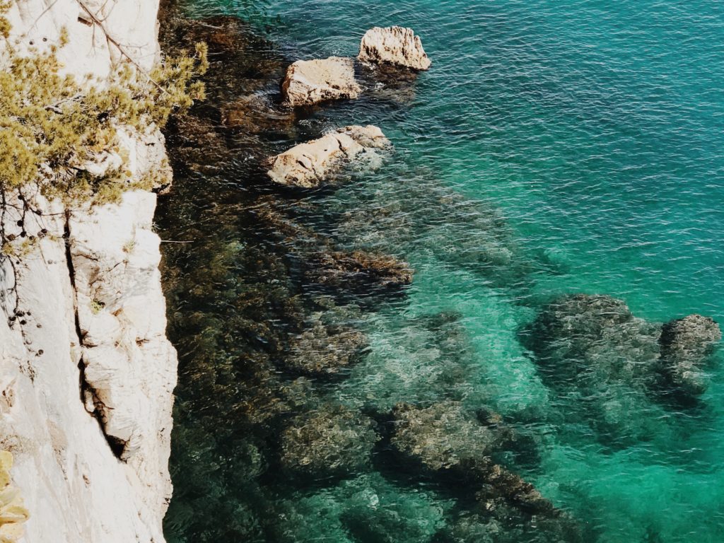 Top view of beautiful turquoise ripple on the sea surface and rocks