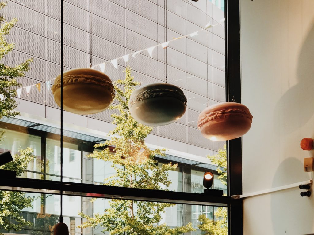 Gorgeous cakes hanging from the ceiling