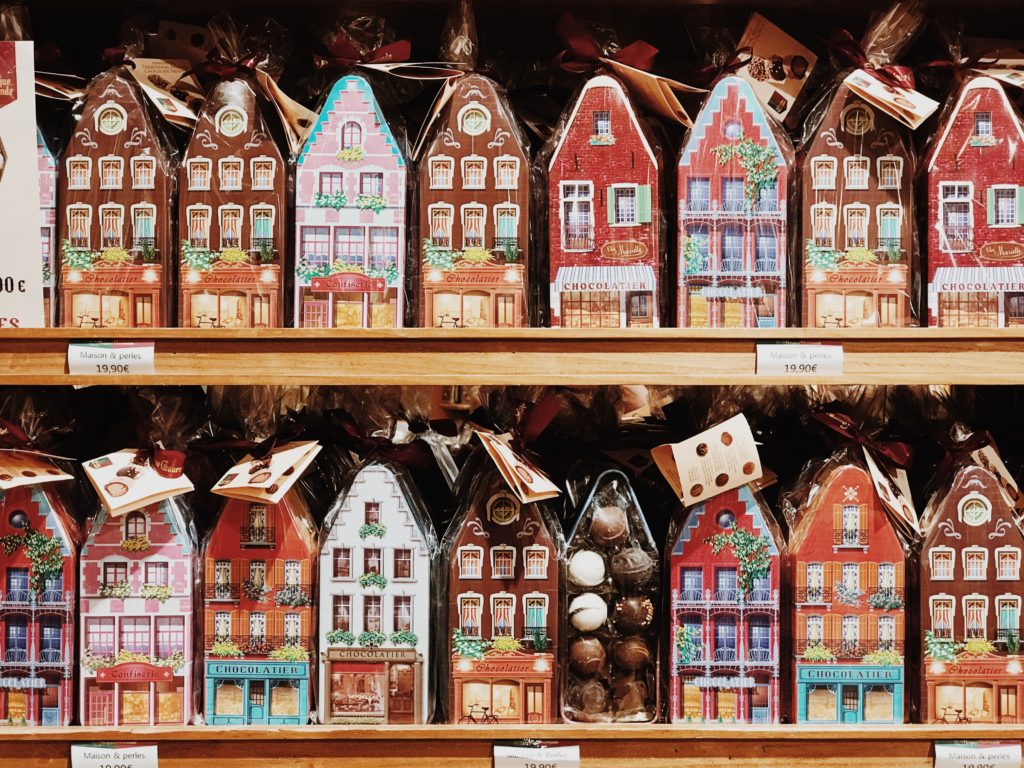 The chocolade boxes in the form of traditional Belgian houses