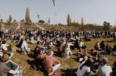 Many people in crowded Mauerpark in Berlin, Germany