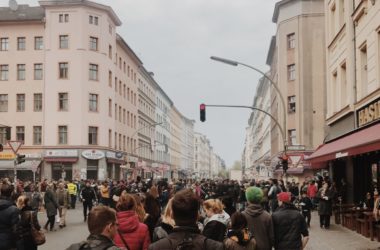 Crowd of people celebrating traditional labor day, Kreutzberg, Berlin
