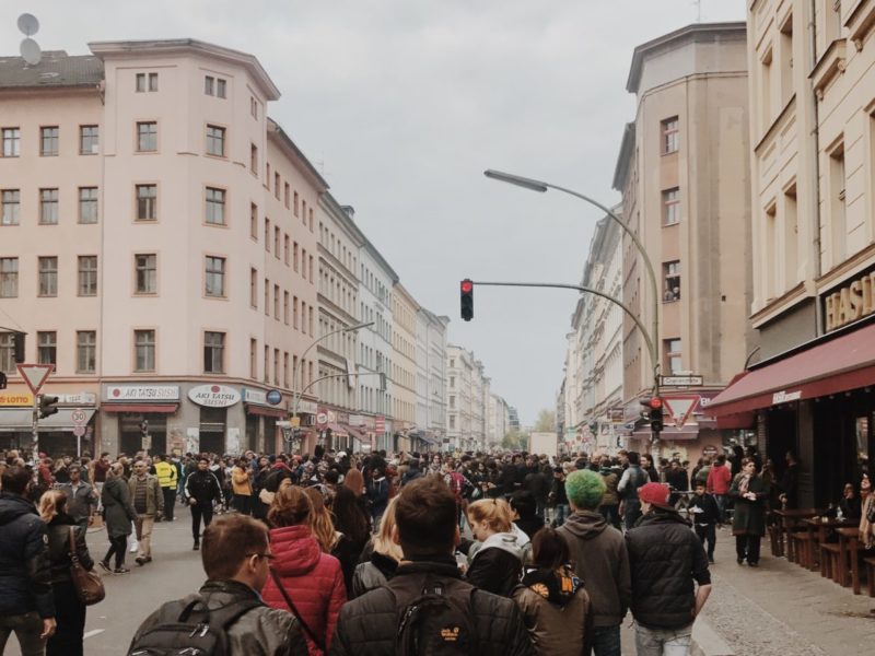 Crowd of people celebrating traditional labor day, Kreutzberg, Berlin