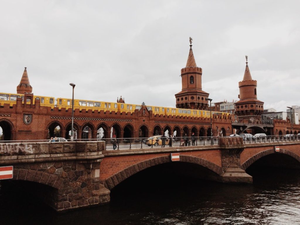 U-Bahn train crossing the Oberbaum bridge in Berlin, Kreuzberg