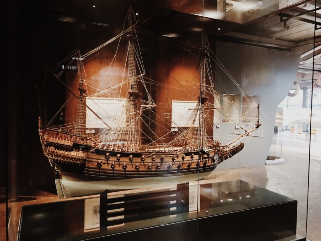 A huge wooden boat scale model in museum