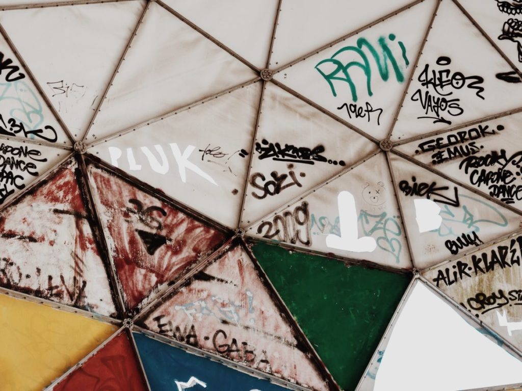 Graffiti on Radar dome at abandoned Teufelsberg Listening Station, Berlin, Germany