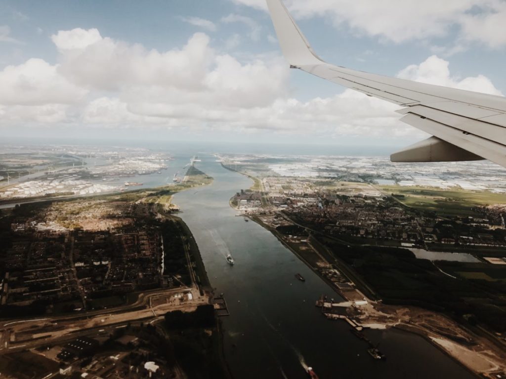 Aerial view of Port of Rotterdam from airplane