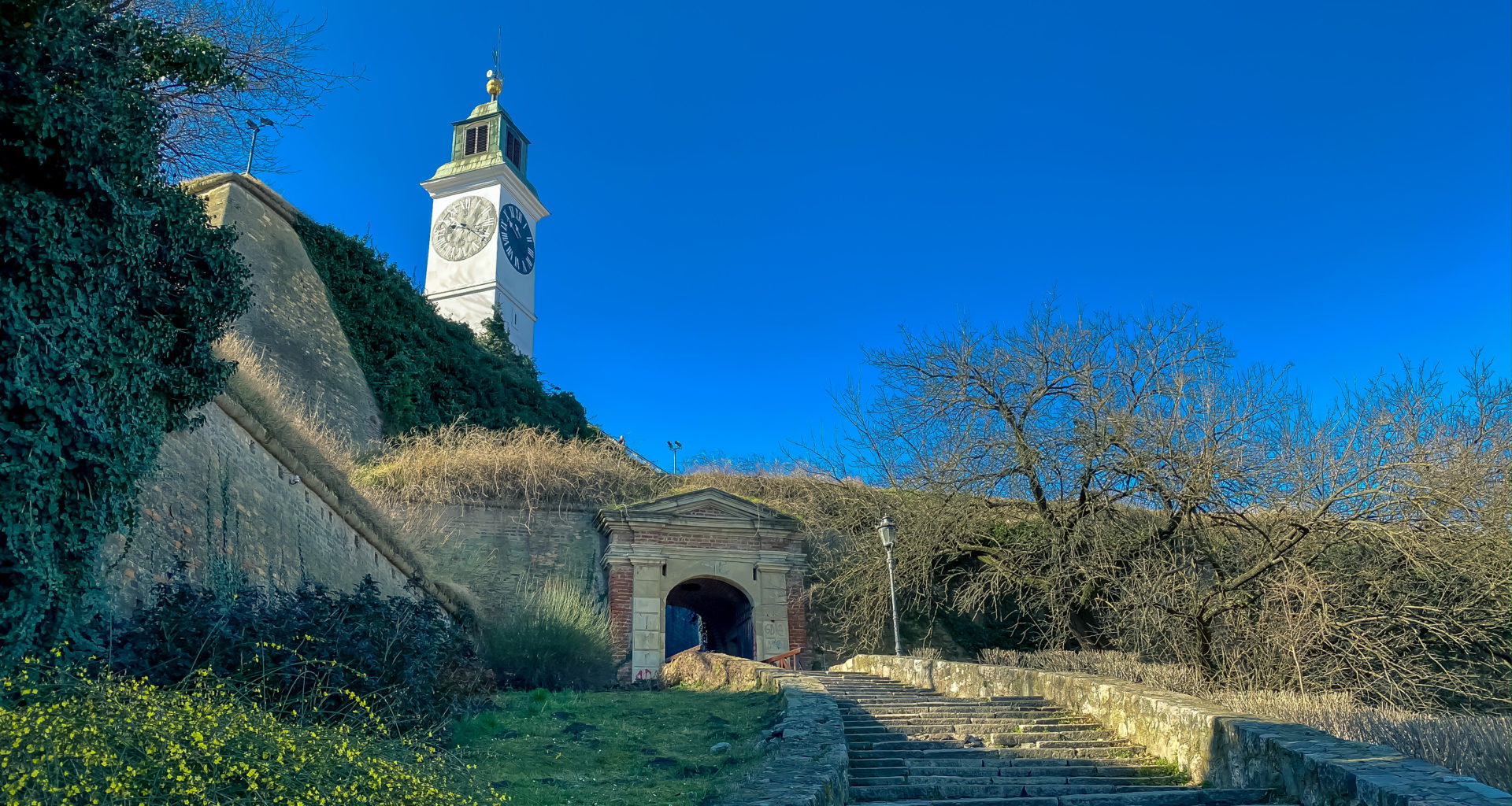 Clock Tower of Petrovaradin Fortress in Novi Sad. Novi Sad, Vojvodina, Serbia.