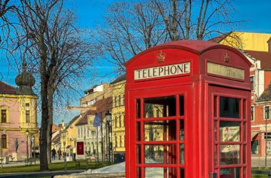 A red British telephone box, telefonska govornica, Vinkovci, Croatia