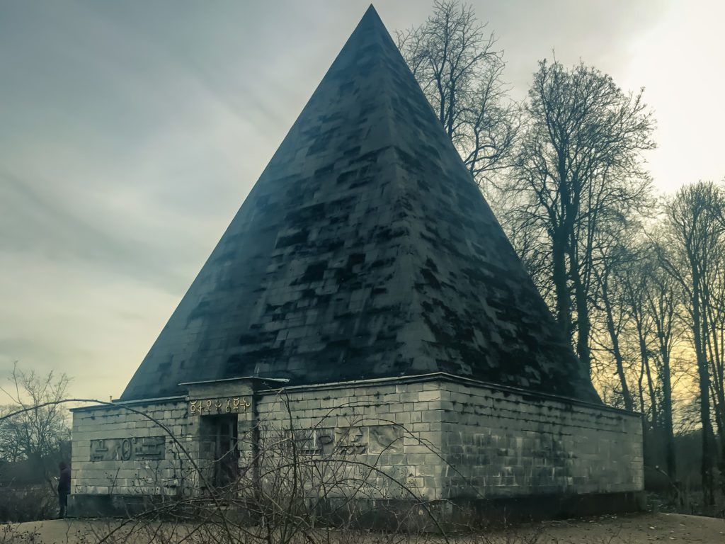 Scenery of park in winter season and Pyramide im Neuen Garten, Pyramid building in the New Garden, in Potsdam, Germany