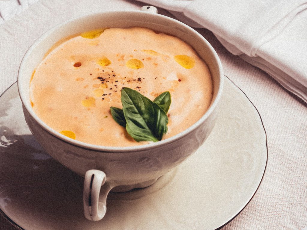 COLD TOMATO SOUP - A take on traditional Spanish Gazpacho with confit cherry tomato, Adriatic herbs & textured Gazpacho foam