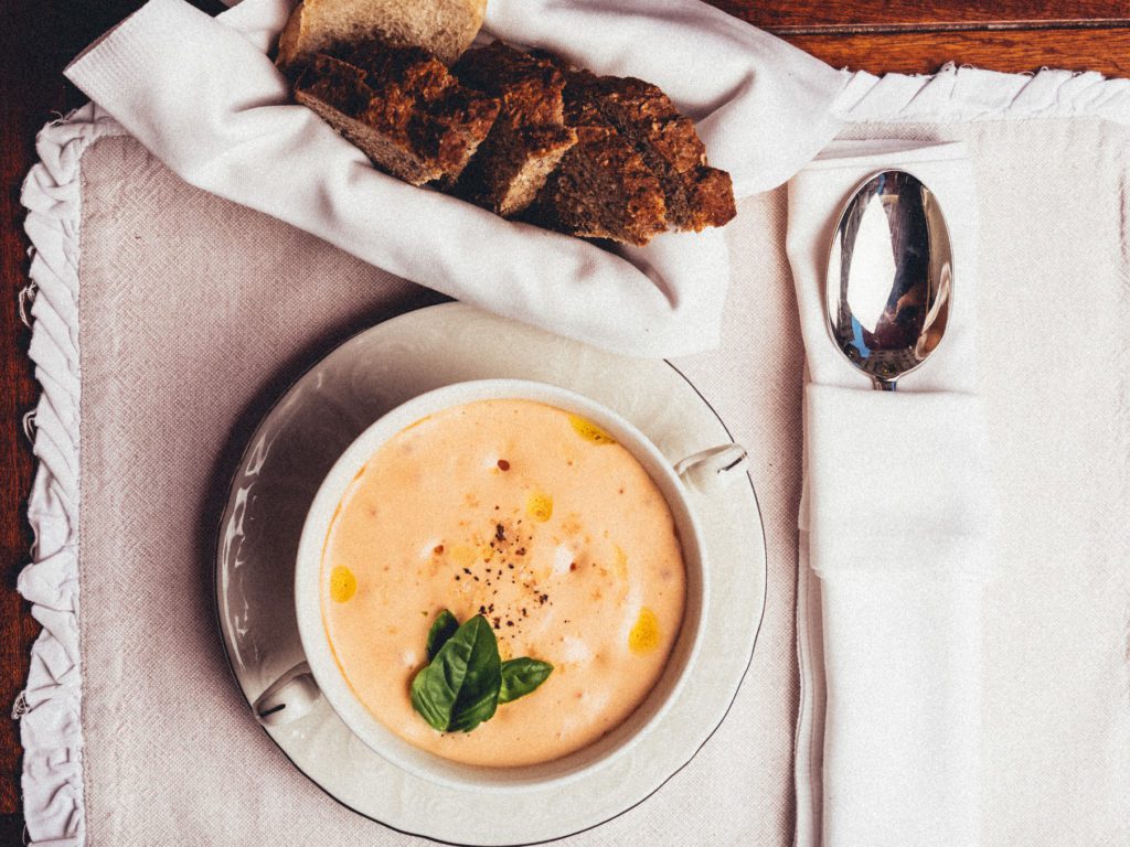 COLD TOMATO SOUP - A take on traditional Spanish Gazpacho with confit cherry tomato, Adriatic herbs & textured Gazpacho foam